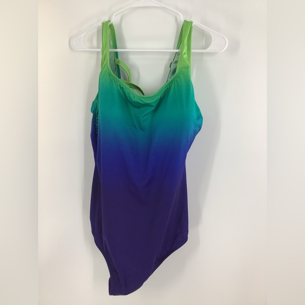 Longitude Women 22 Bright Green & Blue Strappy Back One Piece Swimsuit NWT